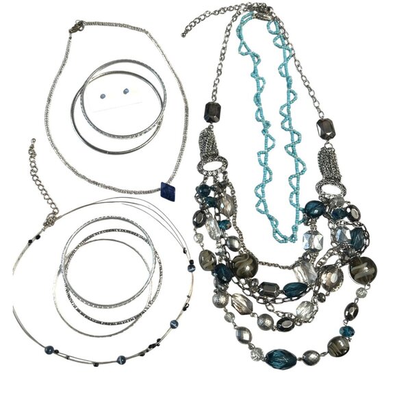 Multi-Layered Necklace & Jewelry Set: Blue Beads Silver Bangles - Picture 1 of 8